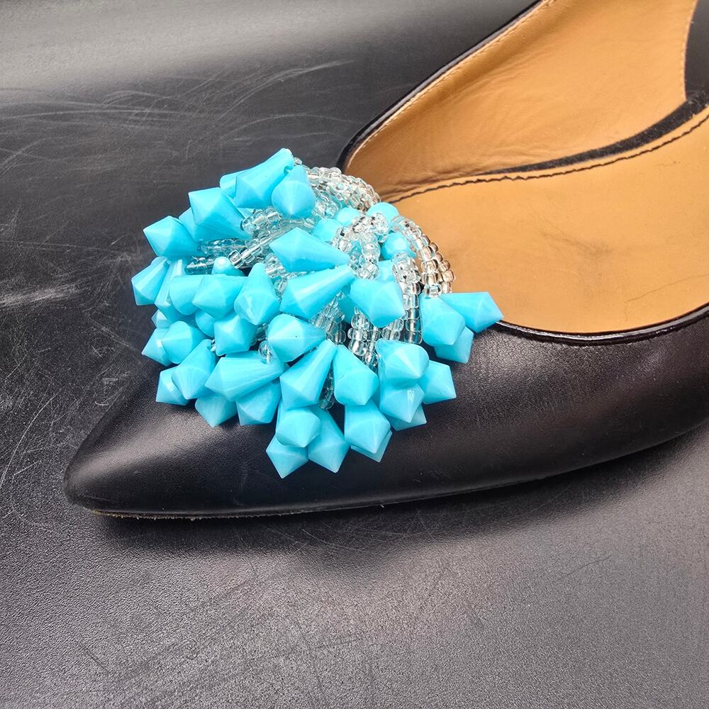 Bright Blue Plastic Beaded Shoe Clips Vintage Hong Kong